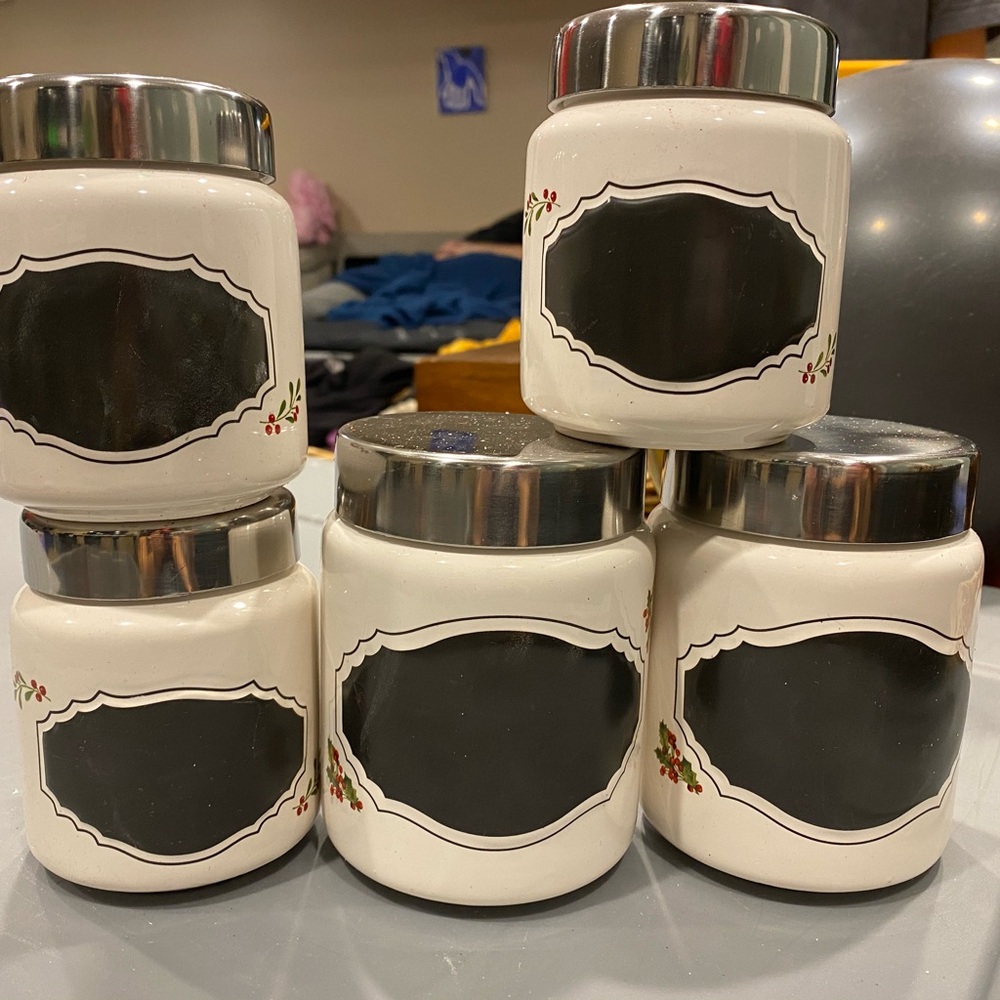 Set 5 White and Black Canisters with Silver Lids black chalk paint to write on
